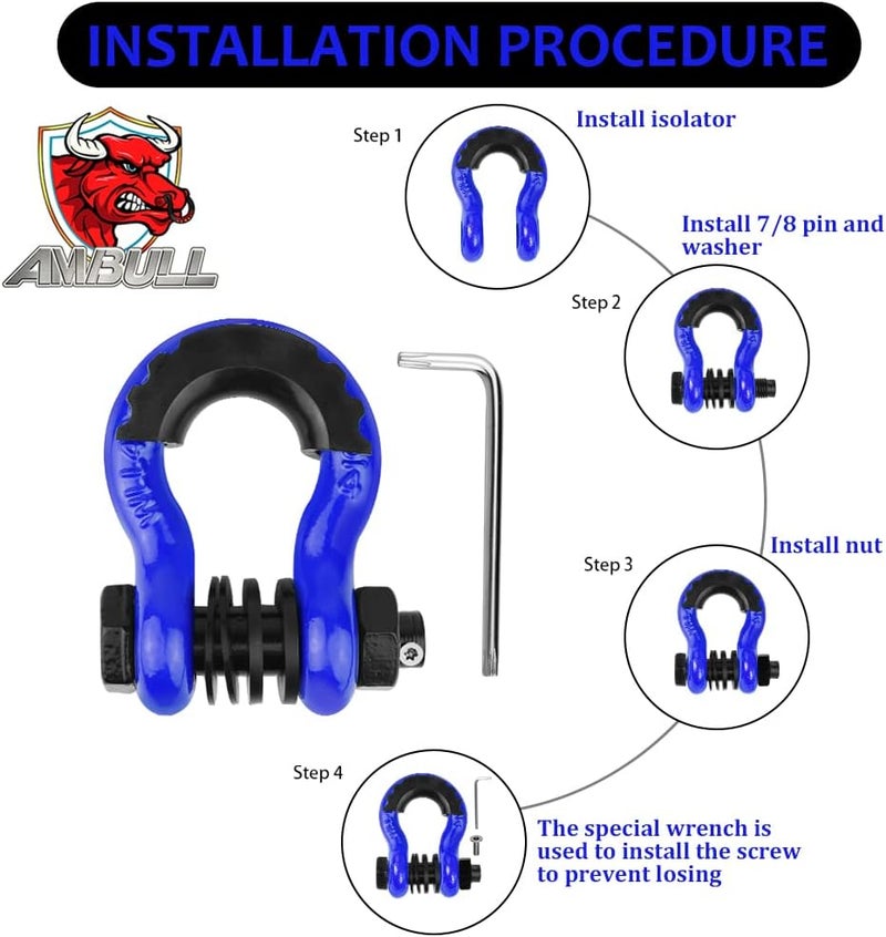 AMBULL Shackles 3/4" D Ring Shackle (2 Pack) 45,000lb Break Strength with 7/8" Pin, Anti Theft Security Screws, Isolator & Washer Kits for Use with Tow Strap Winch Truck Vehicle Recovery, Blue - Image 5