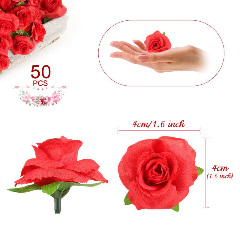 Kesote Kesoto 50pcs Red Roses Buds Artificial Flowers Bulk, 1.6" Small Silk Fake Roses Flower Heads for Decoration, Crafts, Wedding Centerpieces Bridal Shower Party Home Decor - Image 2