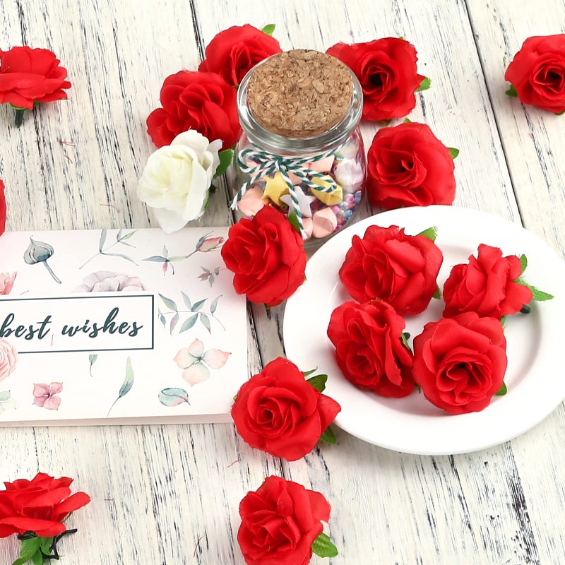 Kesote Kesoto 50pcs Red Roses Buds Artificial Flowers Bulk, 1.6" Small Silk Fake Roses Flower Heads for Decoration, Crafts, Wedding Centerpieces Bridal Shower Party Home Decor - Image 4