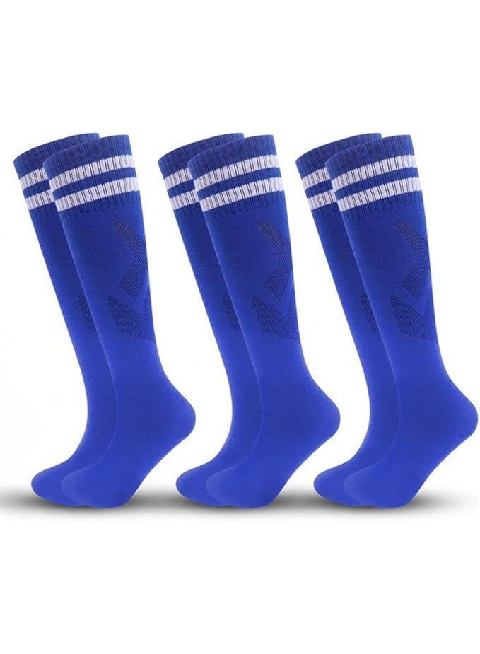 شرابات رياضية اطفال لكرة القدم - 3 أزواج شرابات كرة قدم مخططة طويلة حتى الركبة للأولاد والبنات، شرابات رياضية كرة قدم للأعمار 6-12 سنة - Image 1