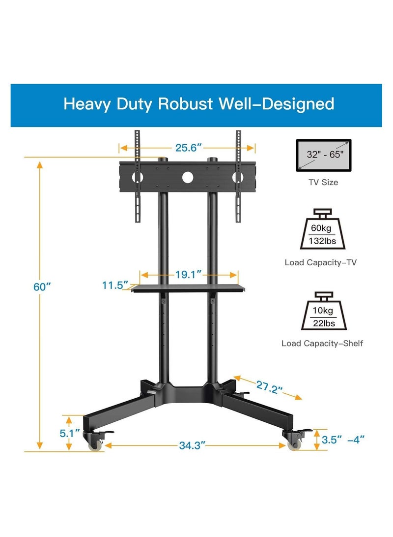 Mobile TV Cart with Wheels for 32-65 Inch LCD LED Plasma Flat Screen TVs- Height Adjustable Rolling TV Stand Hold up to 132 lbs - Image 2
