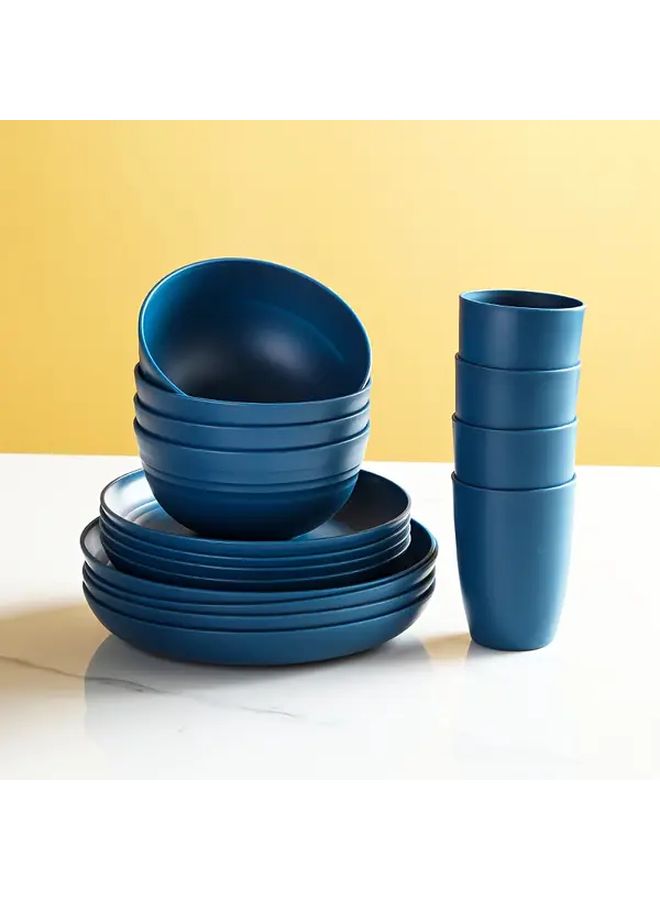 Blue 32 Piece Plastic Tableware Set Bowls Plates Cups for Picnic Camping Home - Image 4