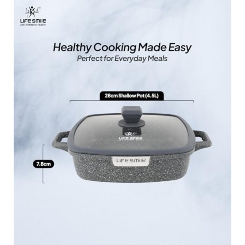 Square Shallow Casserole Pan 28cm with Lid, Granite Non Stick Cooking Pot - Image 3
