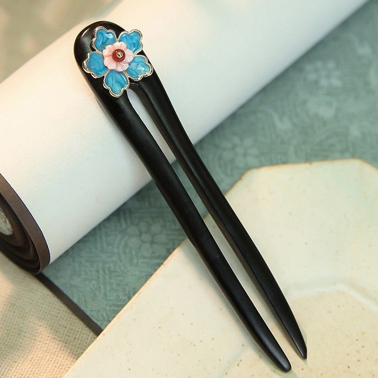 Generic [Chao Hua] Ebony Hairpin Flower Hairpin U-shaped Hairpin Stick Solid Wood Antique Hanfu Horse-faced Skirt Hair Accessories Chinese-style Oil Drops A xishi u-shaped sandalwood hairpin