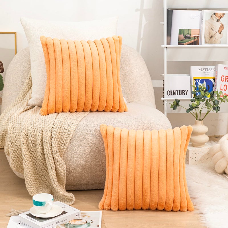 Uhomy Uhomy 2 Pack Halloween Faux Fur Decorative Throw Pillow Covers Fuzzy Striped Soft Pillowcase Cushion Covers for Living Room Sofa Couch Bedroom  Orange 16x16 inch 40x40 cm  - Image 2