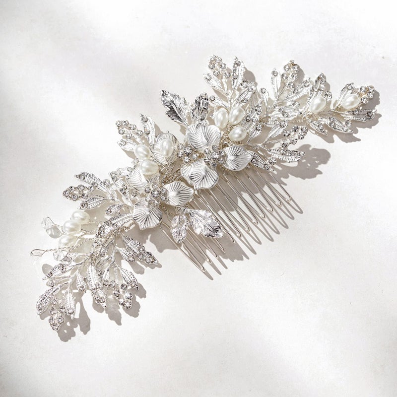 SWEETV Handmade Wedding Hair Comb Clip Rhinestone Bridal Hair Comb Piece Hair Accessories for Brides Wedding Silver