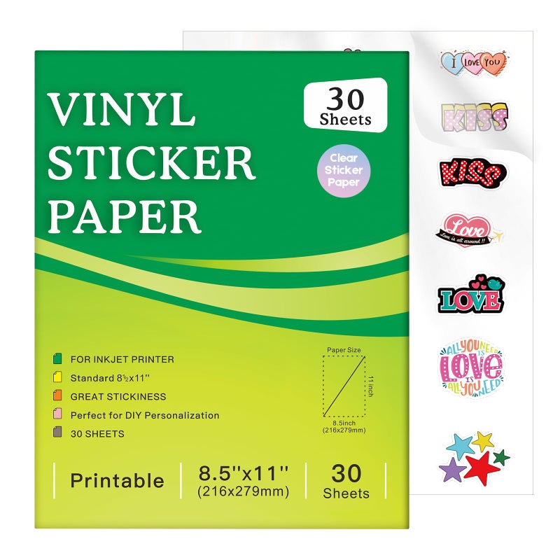 Aevdor 30 Sheets Premium Printable Vinyl Sticker Paper for Inkjet Printer and Laser, Clear 8.5x11 Inch Sticker Paper Waterproof, Dries Quickly, Vivid Colors, Tear Resistant, Great for Cutting Machines - Image 1