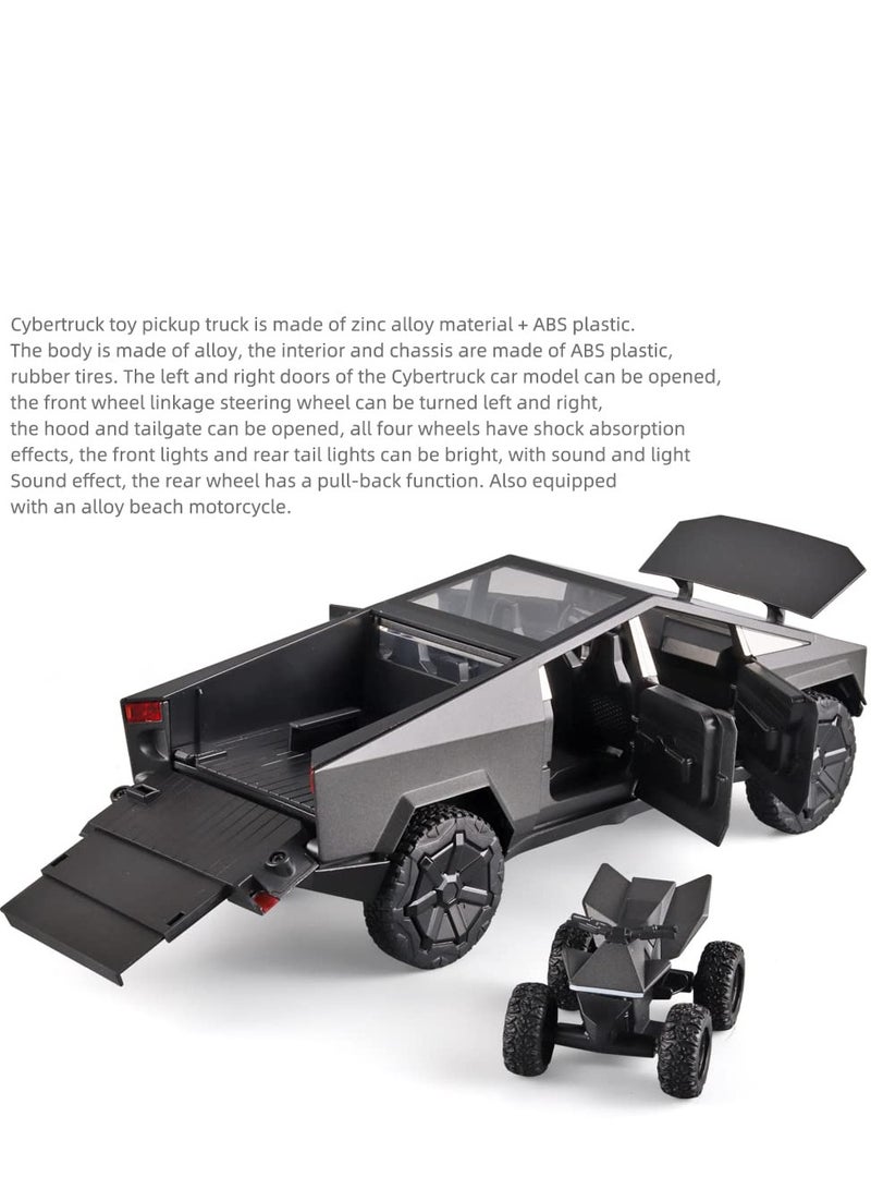 XiuWoo Boy Toy Pickup Truck 1/24 Die-cast Metal Model Car, with Sound and Light, Pull Back, Suitable for Children Aged 3 and Above as Birthday Gifts (Gray, Equipped with Beach Motorcycle) - Image 2