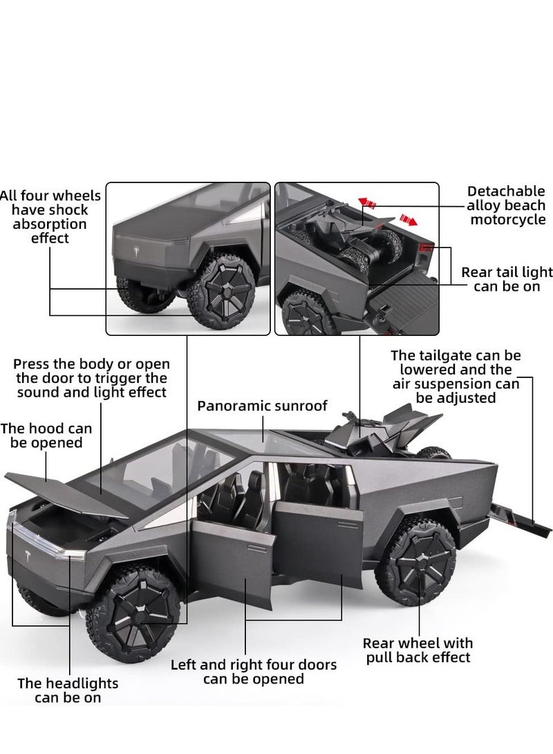 XiuWoo Boy Toy Pickup Truck 1/24 Die-cast Metal Model Car, with Sound and Light, Pull Back, Suitable for Children Aged 3 and Above as Birthday Gifts (Gray, Equipped with Beach Motorcycle) - Image 3