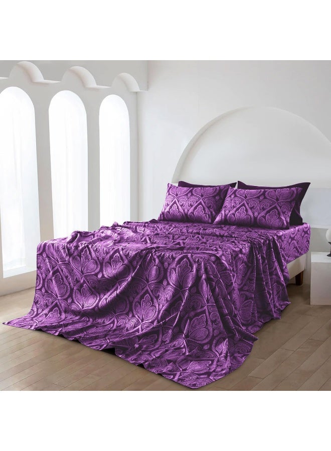 LDC LUX DECOR COLLECTION LUX Dcor Paisley Queen Sheet Set 6 PC Soft Microfiber Wrinkle Free Sheets  Luxurious Printed Bed Sheets Includes Flat Sheet Fitted Sheet with Deep Pockets  4 Pillowcases  Purple  - Image 2