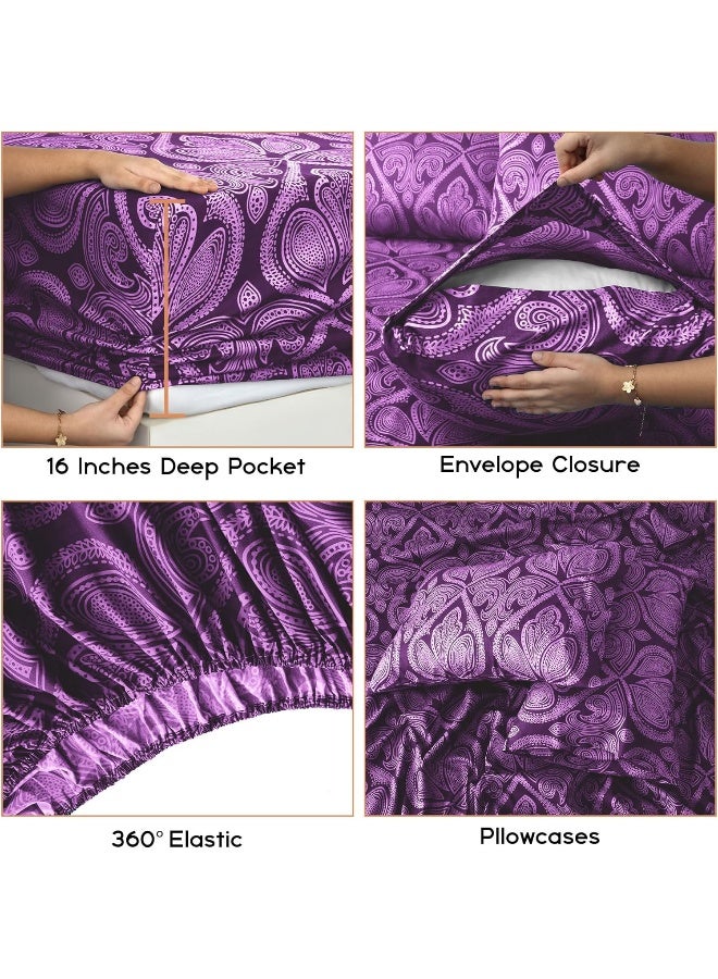 LDC LUX DECOR COLLECTION LUX Dcor Paisley Queen Sheet Set 6 PC Soft Microfiber Wrinkle Free Sheets  Luxurious Printed Bed Sheets Includes Flat Sheet Fitted Sheet with Deep Pockets  4 Pillowcases  Purple  - Image 5