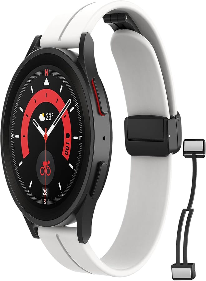 MoKo Strap Compatible with Samsung Galaxy Watch 7 FE 6 5 4, Magnetic Folding Buckle, Silicone Band, White, 220mm