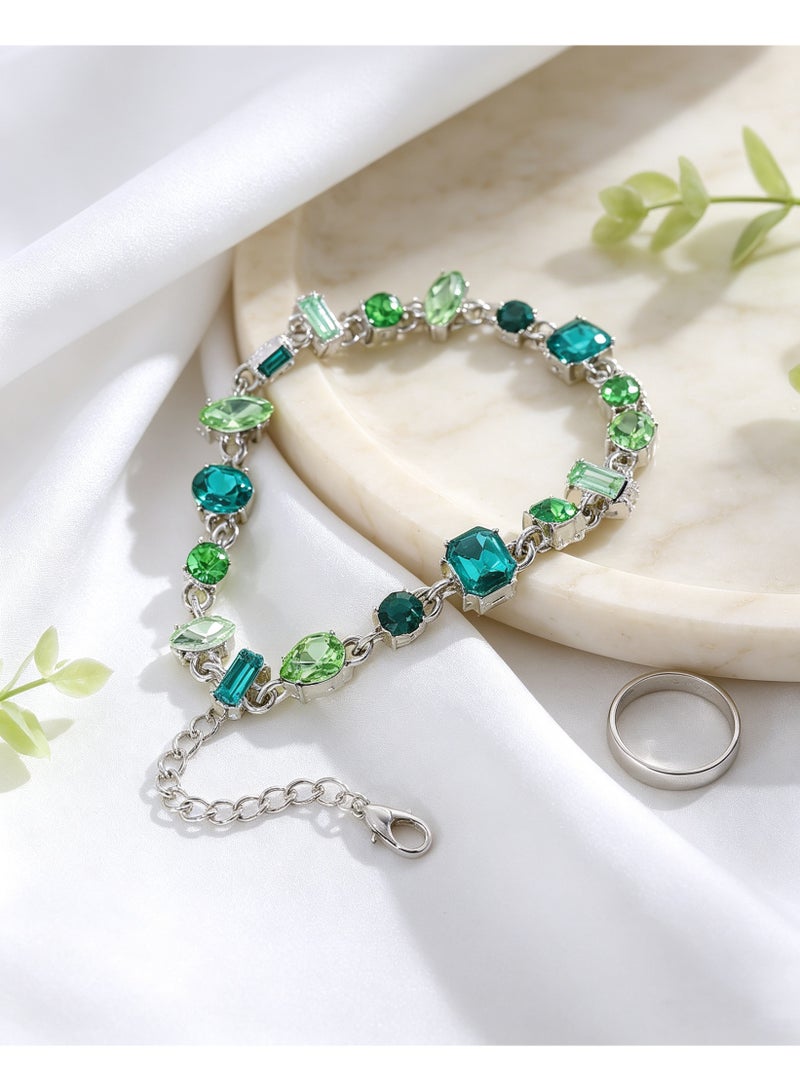 XIXI Multi-Shape Emerald Rhinestone Link Bracelet, Sparkly Green Gemstone Wrist Jewelry - Image 3