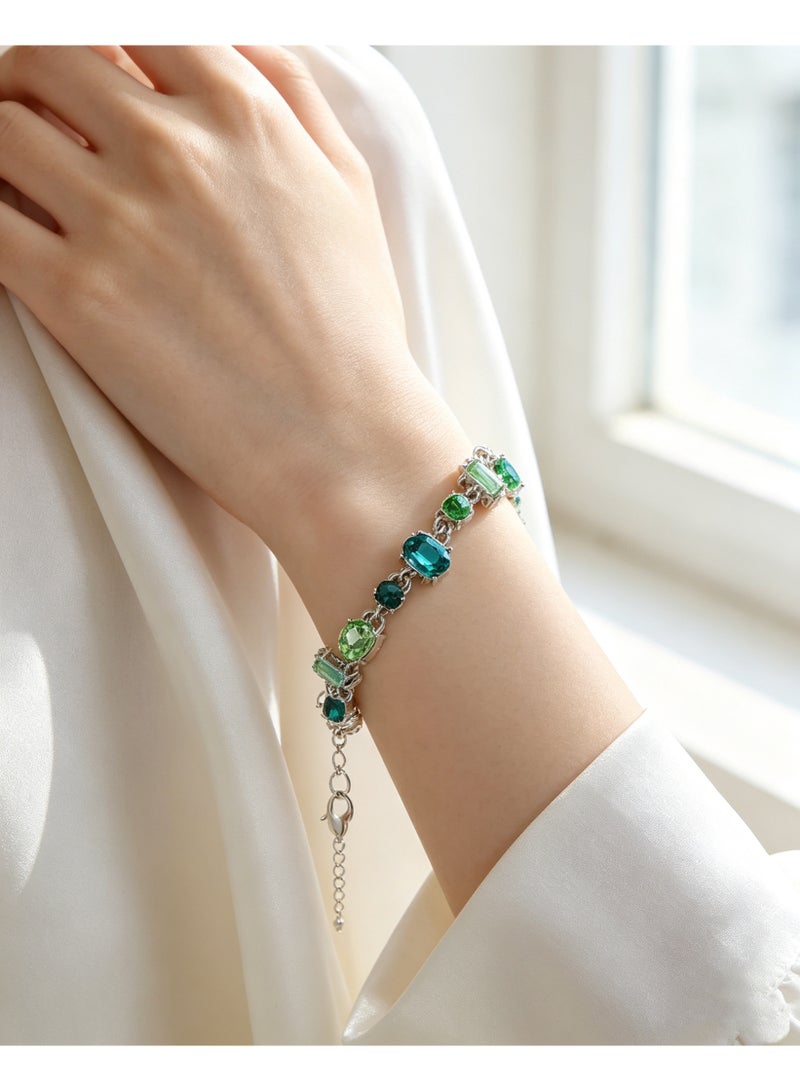 XIXI Multi-Shape Emerald Rhinestone Link Bracelet, Sparkly Green Gemstone Wrist Jewelry - Image 4