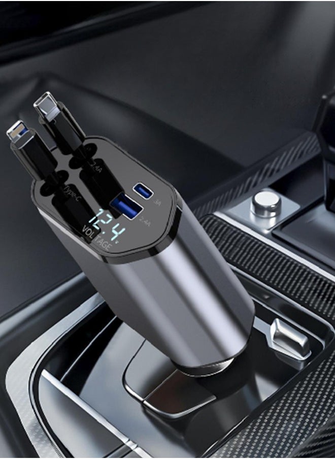【120W Fast Charger】Car Charger with Dual Retractable Cables, Type-C & Lightning, Power Up to 4 Devices Simultaneously