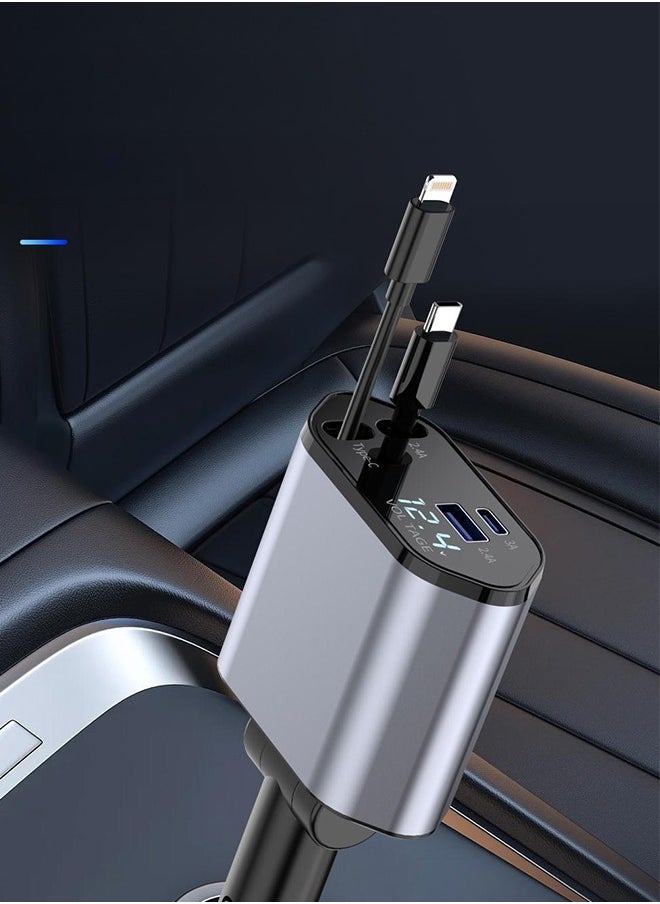 【120W Fast Charger】Car Charger with Dual Retractable Cables, Type-C & Lightning, Power Up to 4 Devices Simultaneously