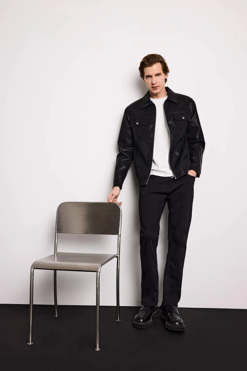 ديفاكتو Slim Fit Polo Collar Lined Faux Leather Jacket