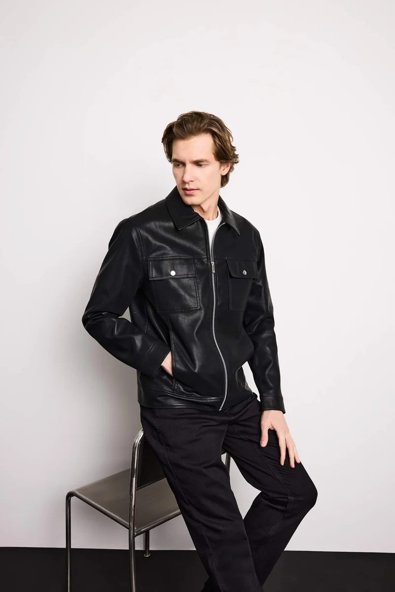 ديفاكتو Slim Fit Polo Collar Lined Faux Leather Jacket