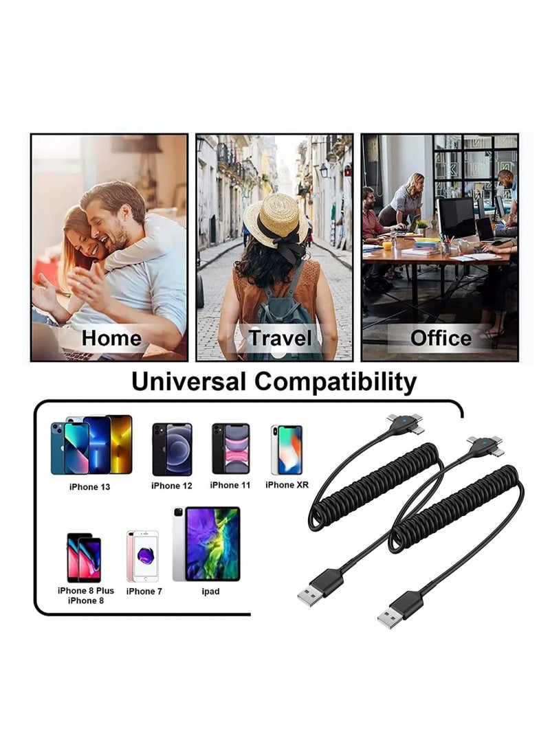 3 in 1 Coiled Lightning Cable for Car Coil iPhone Charger Cable, USB Cable Fast Charger Compatible with Lightning Type-C Micro USB for iPhone 14 13 12 11 XS XR X 8 7 Support iOS Android Tablets PC