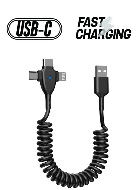 3 in 1 Coiled Lightning Cable for Car Coil iPhone Charger Cable, USB Cable Fast Charger Compatible with Lightning Type-C Micro USB for iPhone 14 13 12 11 XS XR X 8 7 Support iOS Android Tablets PC
