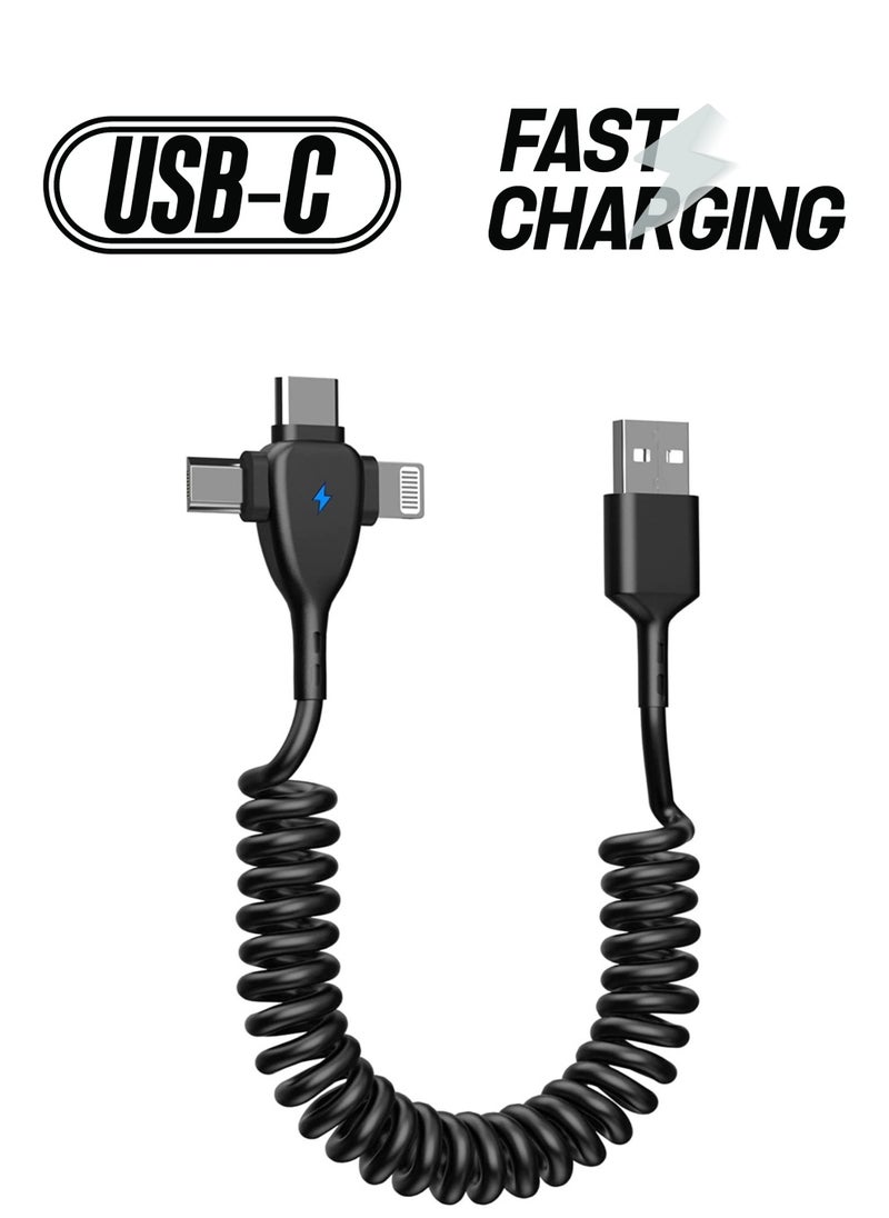 3 in 1 Coiled Lightning Cable for Car Coil iPhone Charger Cable, USB Cable Fast Charger Compatible with Lightning Type-C Micro USB for iPhone 14 13 12 11 XS XR X 8 7 Support iOS Android Tablets PC