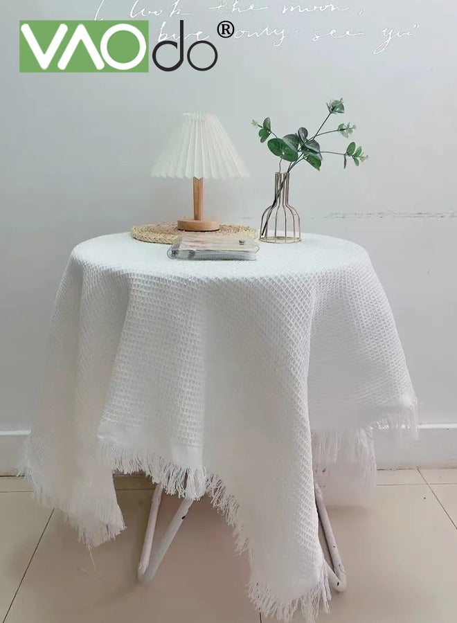 فاو دو مفرش طاولة صغير مستدير مع أطراف مزينة بشراشيب، غطاء طاولة عازل للحرارة، ديكور طاولة ريفي بسيط، مفرش طاولة من القماش للاستخدام اليومي في الحفلات وأعياد الميلاد، أبيض - Image 2
