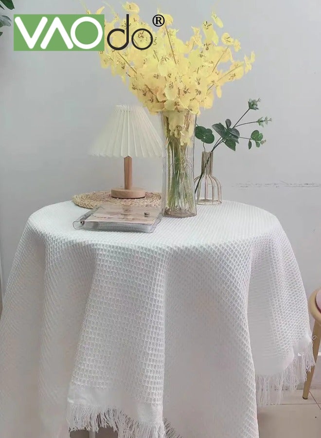 فاو دو مفرش طاولة صغير مستدير مع أطراف مزينة بشراشيب، غطاء طاولة عازل للحرارة، ديكور طاولة ريفي بسيط، مفرش طاولة من القماش للاستخدام اليومي في الحفلات وأعياد الميلاد، أبيض - Image 3