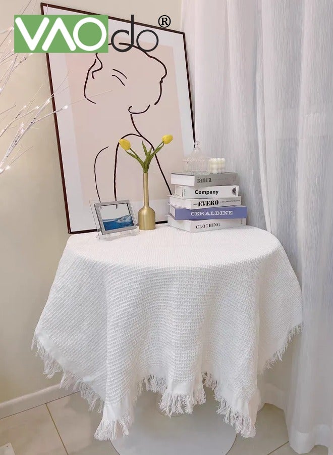 فاو دو مفرش طاولة صغير مستدير مع أطراف مزينة بشراشيب، غطاء طاولة عازل للحرارة، ديكور طاولة ريفي بسيط، مفرش طاولة من القماش للاستخدام اليومي في الحفلات وأعياد الميلاد، أبيض - Image 1