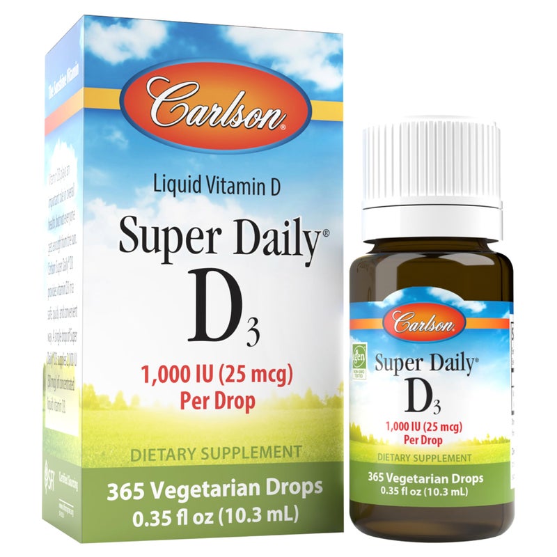 Carlson Super Daily D3 Vitamin D Drops 1000 IU 25 mcg per Drop 1Year Supply Vitamin D3 Liquid Heart Immune Health Vegetarian Liquid Vitamin D3 Drops Unflavored 365 Drops