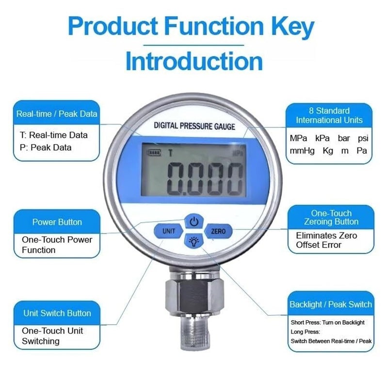 Vacuum Pressure Gauge, YB80A Digital Pressure Gauge Battery Powered High Vacuum Manometer Stainless Steel LCD Display Temp Compensation(40kPa) - Image 4