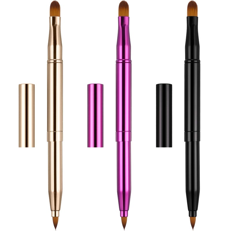 TOODOO 3 Pack Retractable Lip Brush for Lipstick with Cap Dual-ended Liner Foundation Makeup Brush Sets Travel Applicators(Gold, Black, Purple) - Image 1