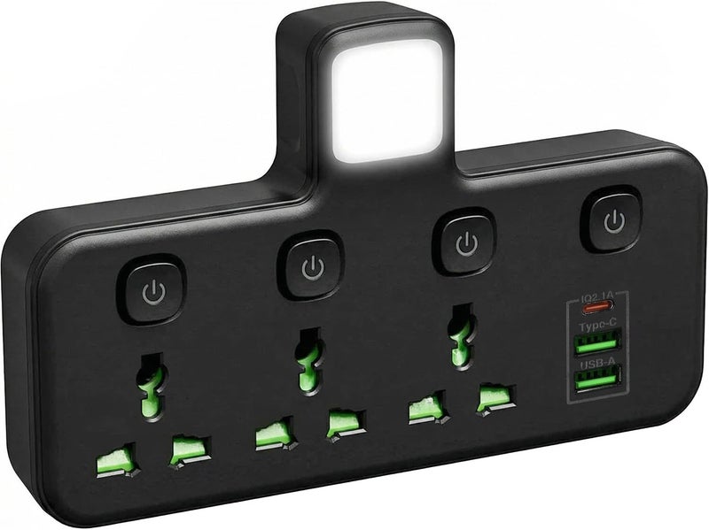 نكومي مقبس تمد��د متعدد الاستخدامات مع منفذي USB-A ومنفذ USB-C (منافذ شحن سريع)، محول مقبس حائط نيكومي ثلاثي الاتجاهات متعدد المنافذ الكهربائية مع ضوء ليلي، للمنزل والمكتب والمطبخ، أسود - Image 1