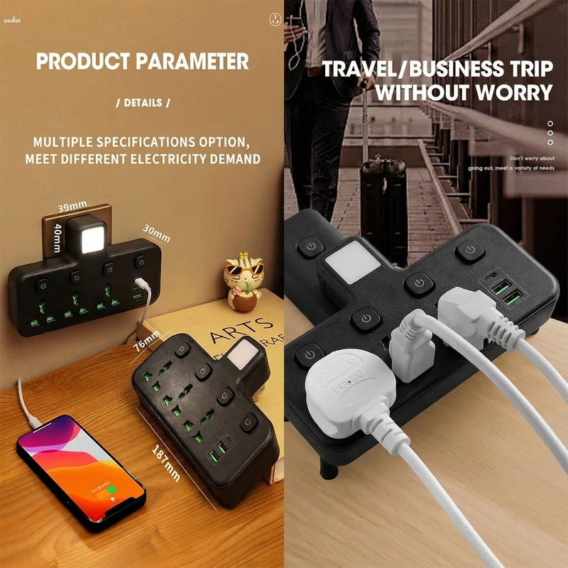 نكومي مقبس تمد��د متعدد الاستخدامات مع منفذي USB-A ومنفذ USB-C (منافذ شحن سريع)، محول مقبس حائط نيكومي ثلاثي الاتجاهات متعدد المنافذ الكهربائية مع ضوء ليلي، للمنزل والمكتب والمطبخ، أسود - Image 4