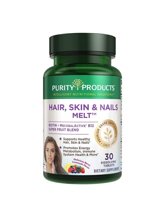 Purity Products Hair, Skin + Nails Melt 1000mcg B-12 + 2500mcg Biotin Energy Berry Melt - Delicious Berry Lemonade Flavor w/Super Fruits - B12 Methylcobalamin - 30 Melting Tablets - Image 1