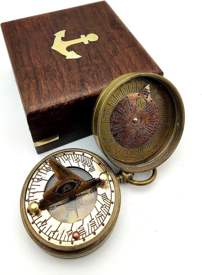 OCEAN REPLICAS – Handcrafted Vintage Brass Sundial & Compass with Engraved Sundial Bird Design, Portable Travel Compass in Elegant Wooden Gift Box - Image 1