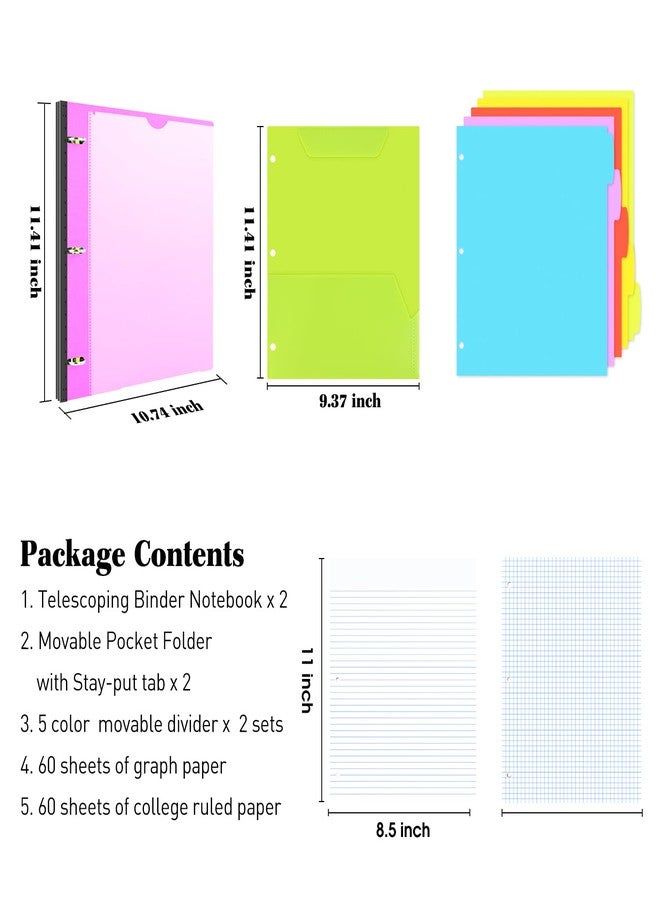 INFUN All-in-one Telescoping Binder Notebook- 2PCS, Refillable 3 Ring Notebook Binder with 1 Plastic Movable Pocket Folder,5 Plastic Subject dividers and Graph Paper and College Ruled Paper- Pink - Image 2