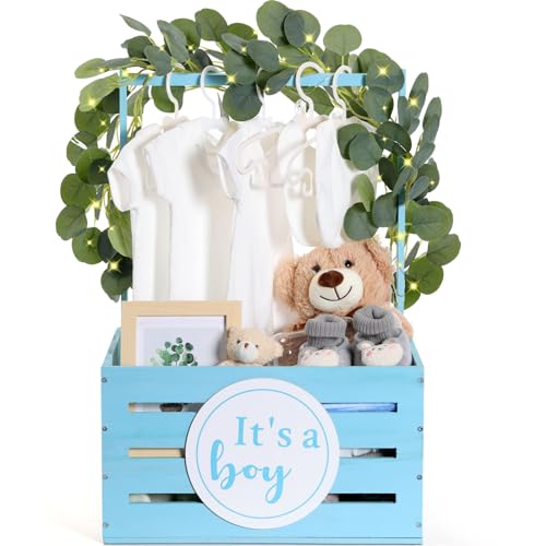 Barydat صندوق هدايا الأطفال الخشبي باري دات مع مقبض وزينة للمواليد الجدد (أزرق، ولد) - Image 1