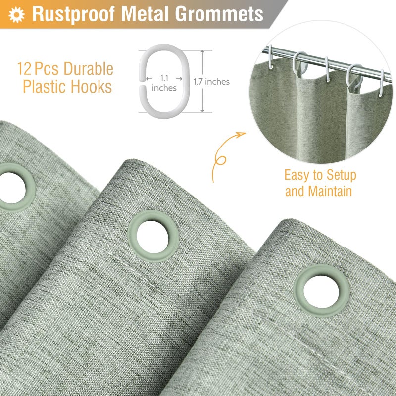 BTTN Sage Green Shower Curtain, Linen Textured Heavy Duty Thick Fabric Shower Curtain Set with 12 Plastic Hooks, Machine Washable, Hotel Spa Luxury Decorative Curtains for Bathroom Showers, 72x72 - Image 3