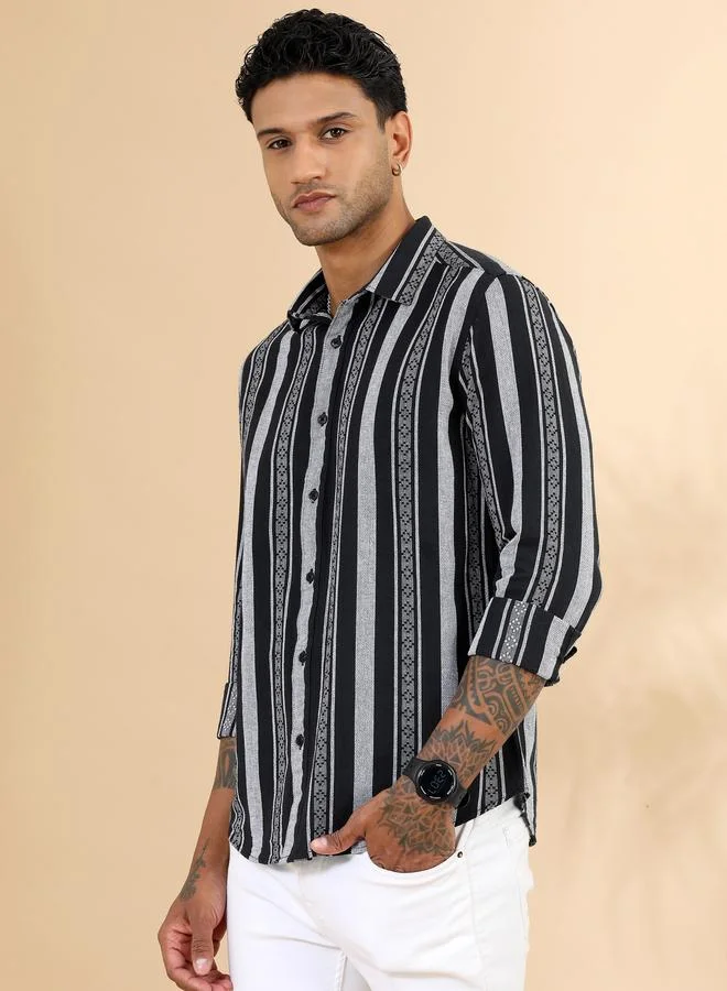 Bushirt Bushirt Men Black Striped Spread Collar Shirt