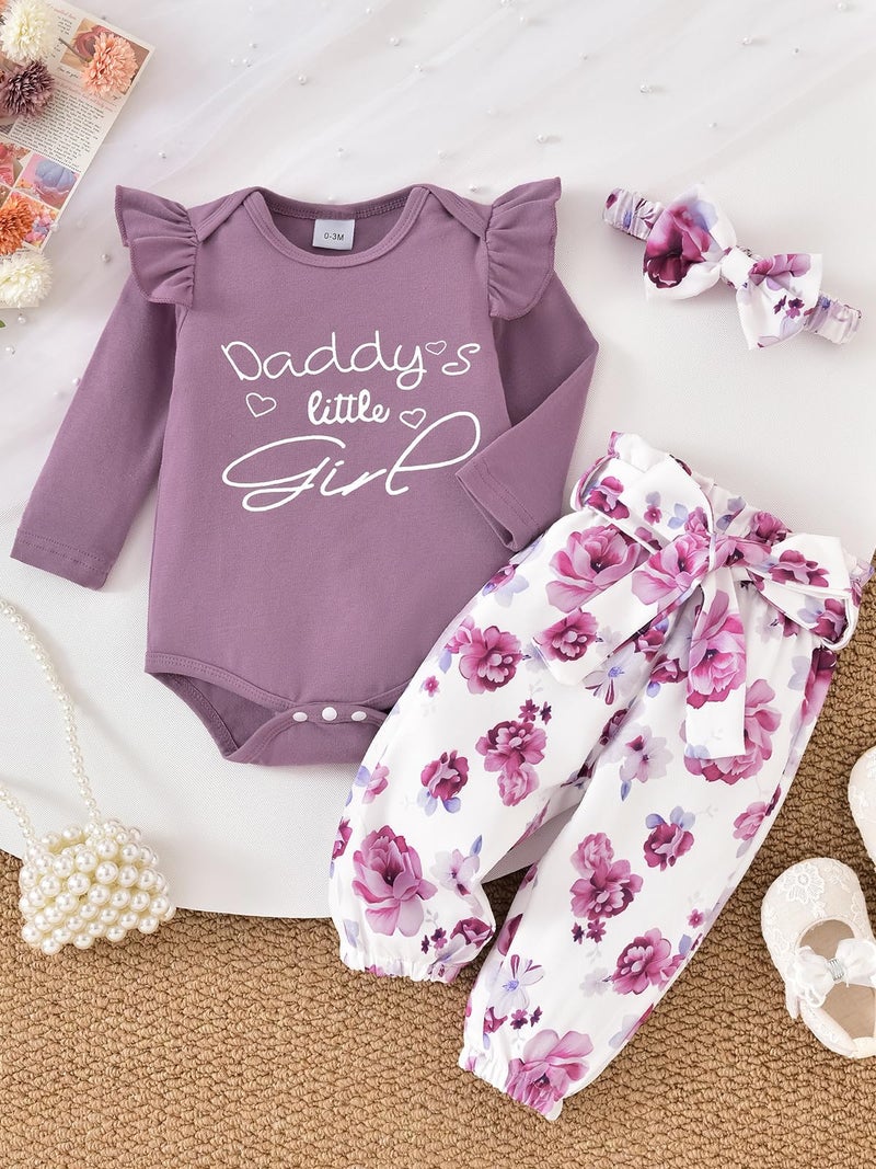 AMAWMW Baby Girl Clothes Set Daddys Little Girl Ruffle Romper Top Floral Pants Newborn Infant Baby Girl Outfit, Purple, 3-6 Months - Image 2