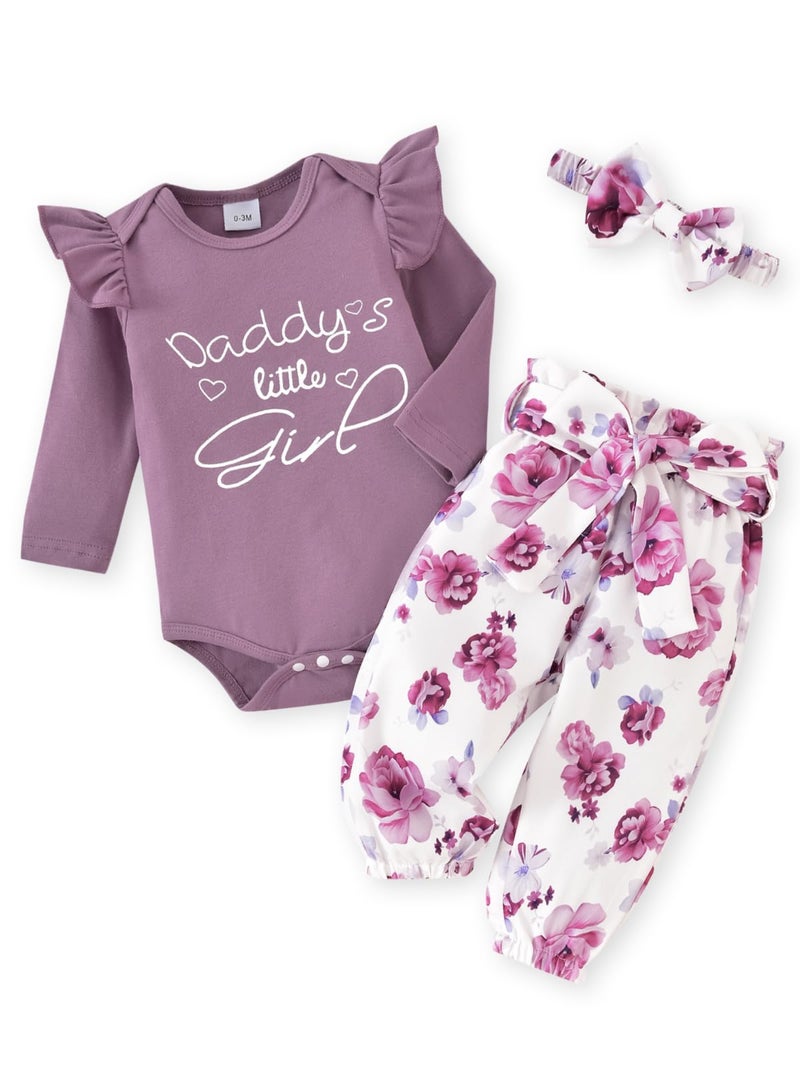 AMAWMW Baby Girl Clothes Set Daddys Little Girl Ruffle Romper Top Floral Pants Newborn Infant Baby Girl Outfit, Purple, 3-6 Months - Image 1