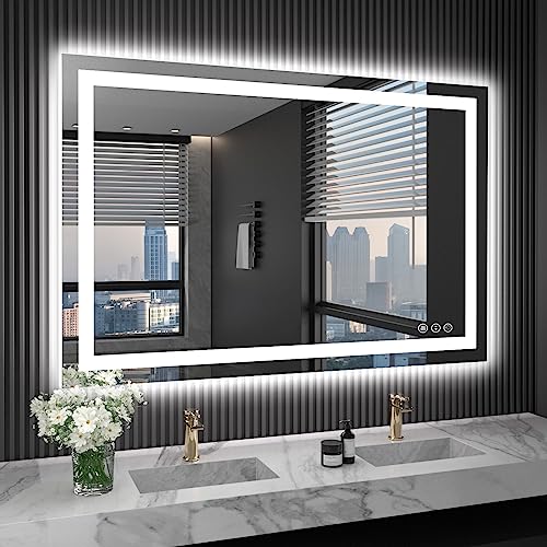 مرآة حمام LED LOAAO 48X36 مع أضواء مضادة للضباب قابلة للتعتيم مضاءة من الخلف ومن الأمام مرآة حمام مضاءة للجداريات مقاومة للكسر وظيفة الذاكرة مدرجة من ETL