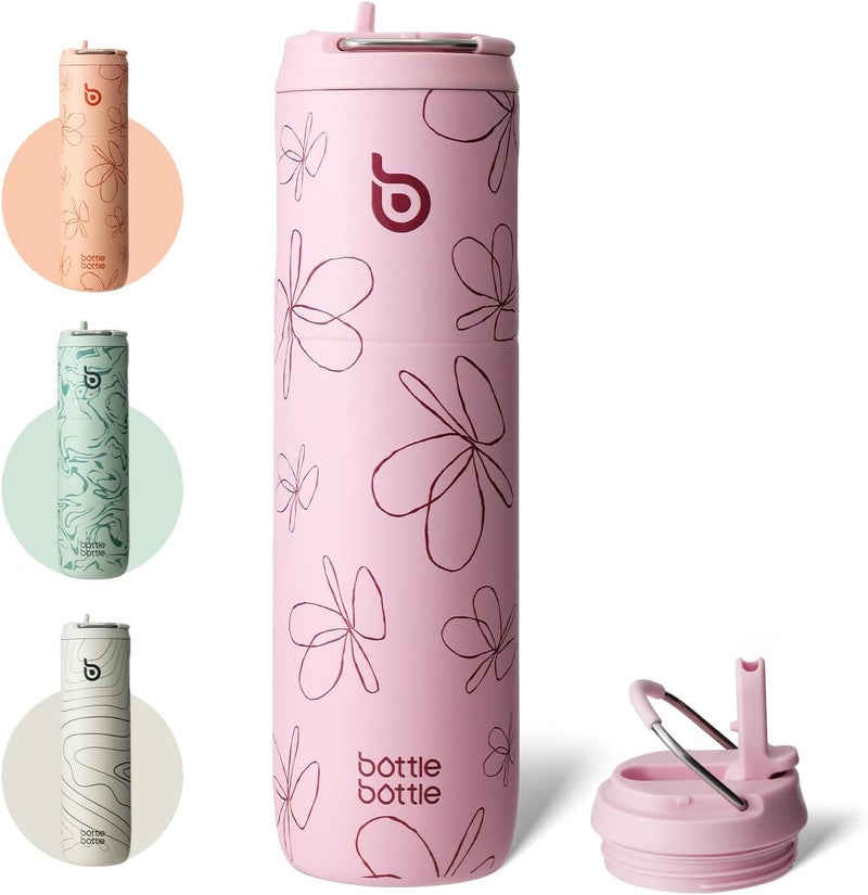 bottle bottle Insulated Stainless Steel Water Bottle 24oz capacity. Includes Straw, Lid and Handle for Sports, Travel & Gym. Maintains 24 hour cold liquids and up to 12 hours hot. Double-Wall Vacuum Metal, Leak Proof, BPA-Free - Pink Flower - Image 1