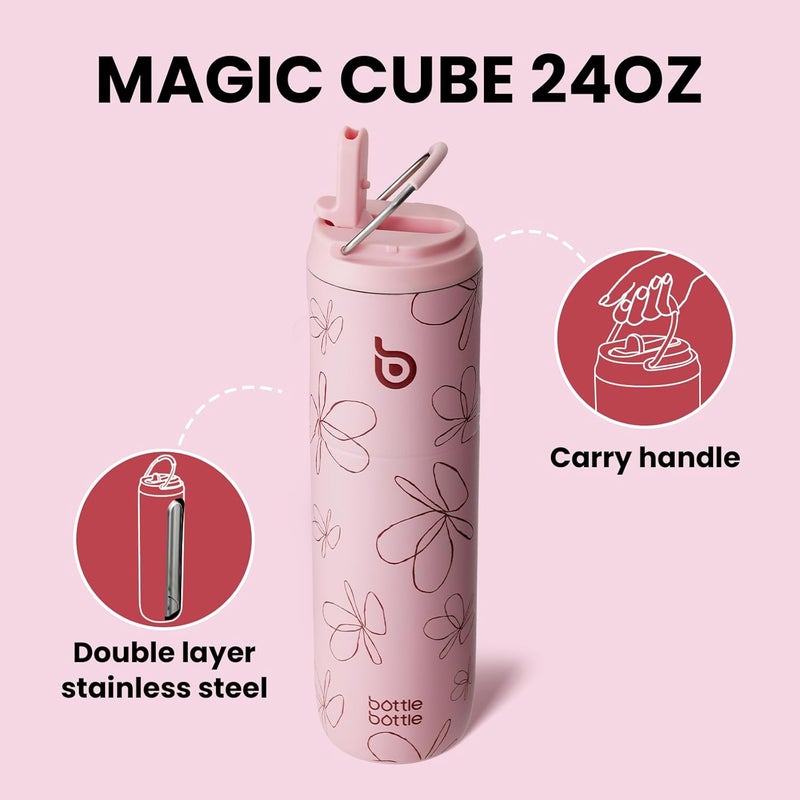 bottle bottle Insulated Stainless Steel Water Bottle 24oz capacity. Includes Straw, Lid and Handle for Sports, Travel & Gym. Maintains 24 hour cold liquids and up to 12 hours hot. Double-Wall Vacuum Metal, Leak Proof, BPA-Free - Pink Flower - Image 3