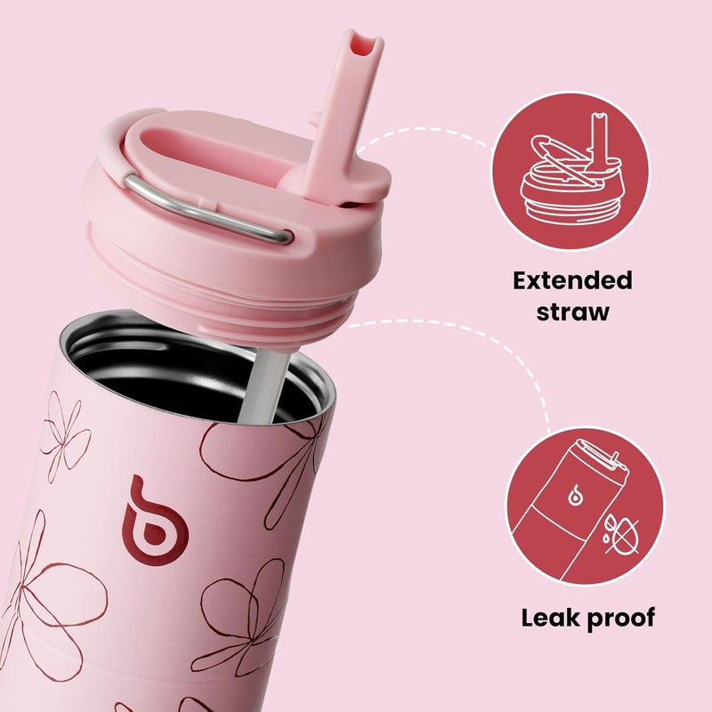bottle bottle Insulated Stainless Steel Water Bottle 24oz capacity. Includes Straw, Lid and Handle for Sports, Travel & Gym. Maintains 24 hour cold liquids and up to 12 hours hot. Double-Wall Vacuum Metal, Leak Proof, BPA-Free - Pink Flower - Image 2