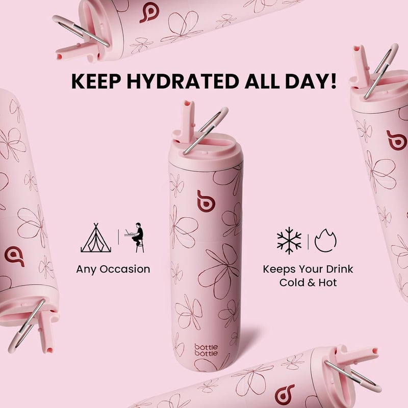 bottle bottle Insulated Stainless Steel Water Bottle 24oz capacity. Includes Straw, Lid and Handle for Sports, Travel & Gym. Maintains 24 hour cold liquids and up to 12 hours hot. Double-Wall Vacuum Metal, Leak Proof, BPA-Free - Pink Flower - Image 5