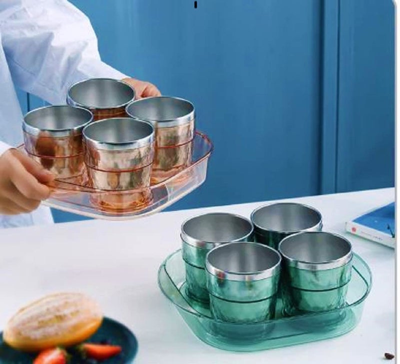 Funeiko Stainless Steel Cup Set with Tray Double Walled Tea Cup Coffee Mug with Tray Set GlassCup for Tea Hot Cold Drinks Cups Set with Serving Tray for Tea Best Gift 260 ML Grey Cup Set - Image 3