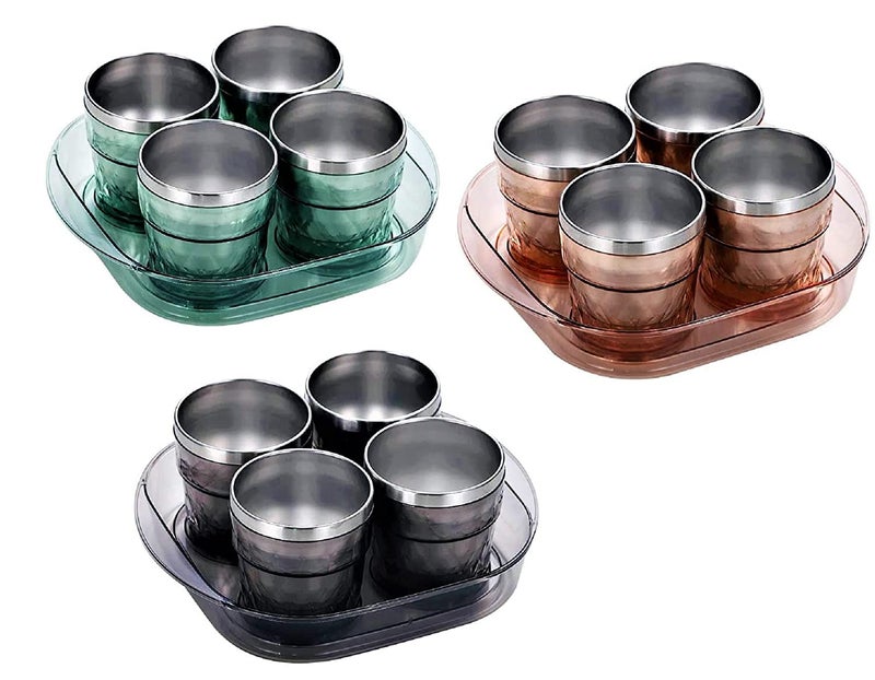 Funeiko Stainless Steel Cup Set with Tray Double Walled Tea Cup Coffee Mug with Tray Set GlassCup for Tea Hot Cold Drinks Cups Set with Serving Tray for Tea Best Gift 260 ML Grey Cup Set - Image 4