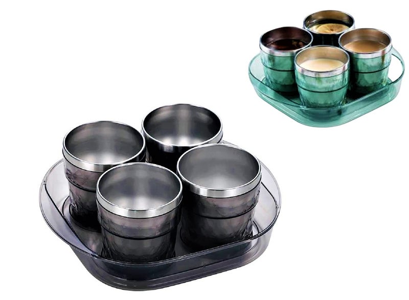 Funeiko Stainless Steel Cup Set with Tray Double Walled Tea Cup Coffee Mug with Tray Set GlassCup for Tea Hot Cold Drinks Cups Set with Serving Tray for Tea Best Gift 260 ML Grey Cup Set - Image 1