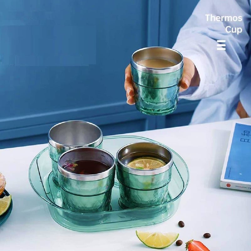 Funeiko Stainless Steel Cup Set with Tray Double Walled Tea Cup Coffee Mug with Tray Set GlassCup for Tea Hot Cold Drinks Cups Set with Serving Tray for Tea Best Gift 260 ML Grey Cup Set - Image 5